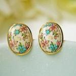 Vintage Floral Glass Cabochon Post Earrings. Gold Frame. Simple. Elegant