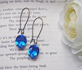 Sapphire Blue Vintage Swarovski Crystal Earrings. Antique Brass Kindney Ear Wires.