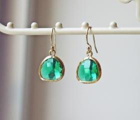 Gold Emerald Green Glass Earrings. 14K Gold Filled Earrings. Modern Dainty Feminine Sparkle