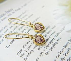 Vintage Heart Swarovski Crystal Charm Earrings. Amethyst Purple. Dainty. Romantic